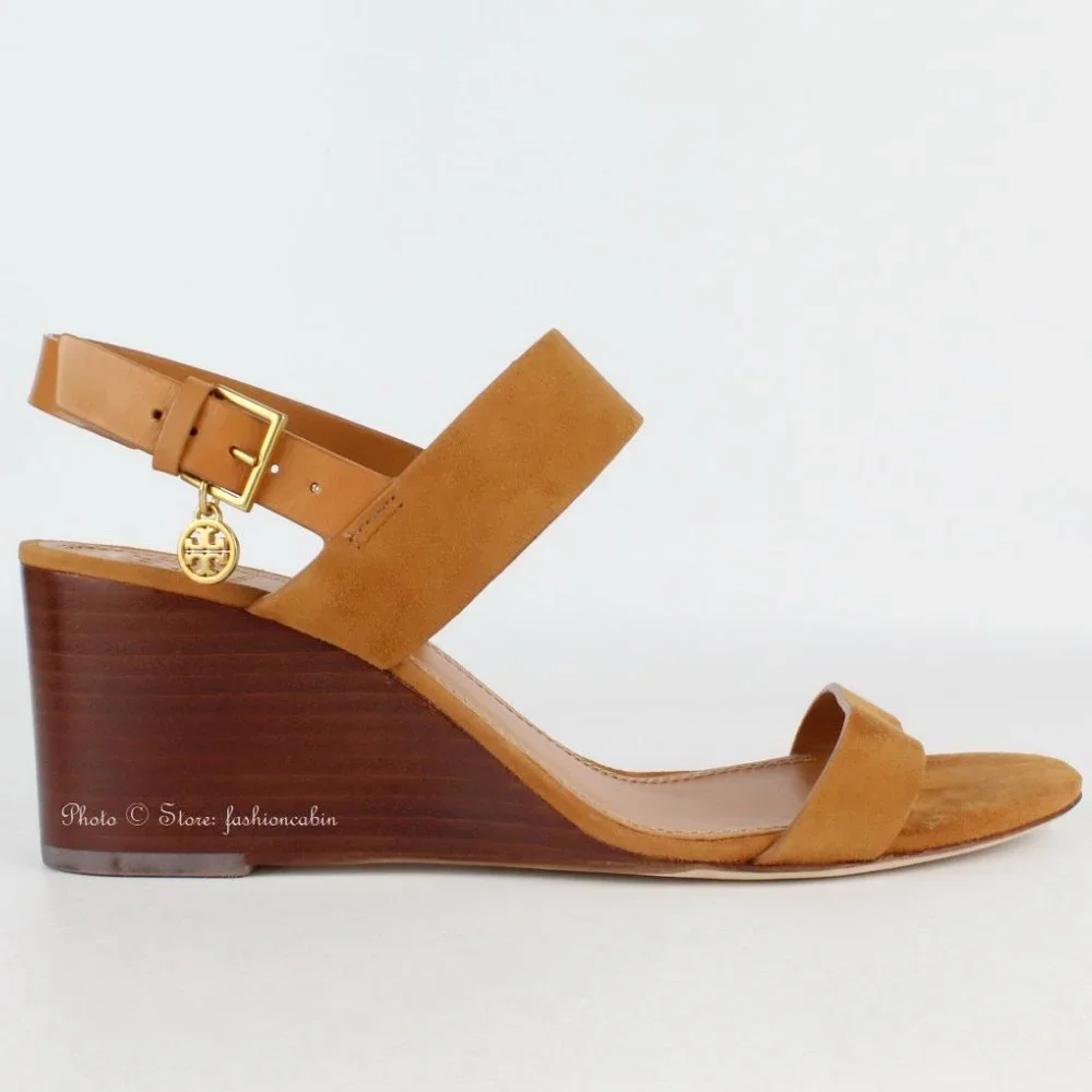 NEW Tory Burch Mini Benton Wedged Suede Leather Sandals, Ambra, US 10